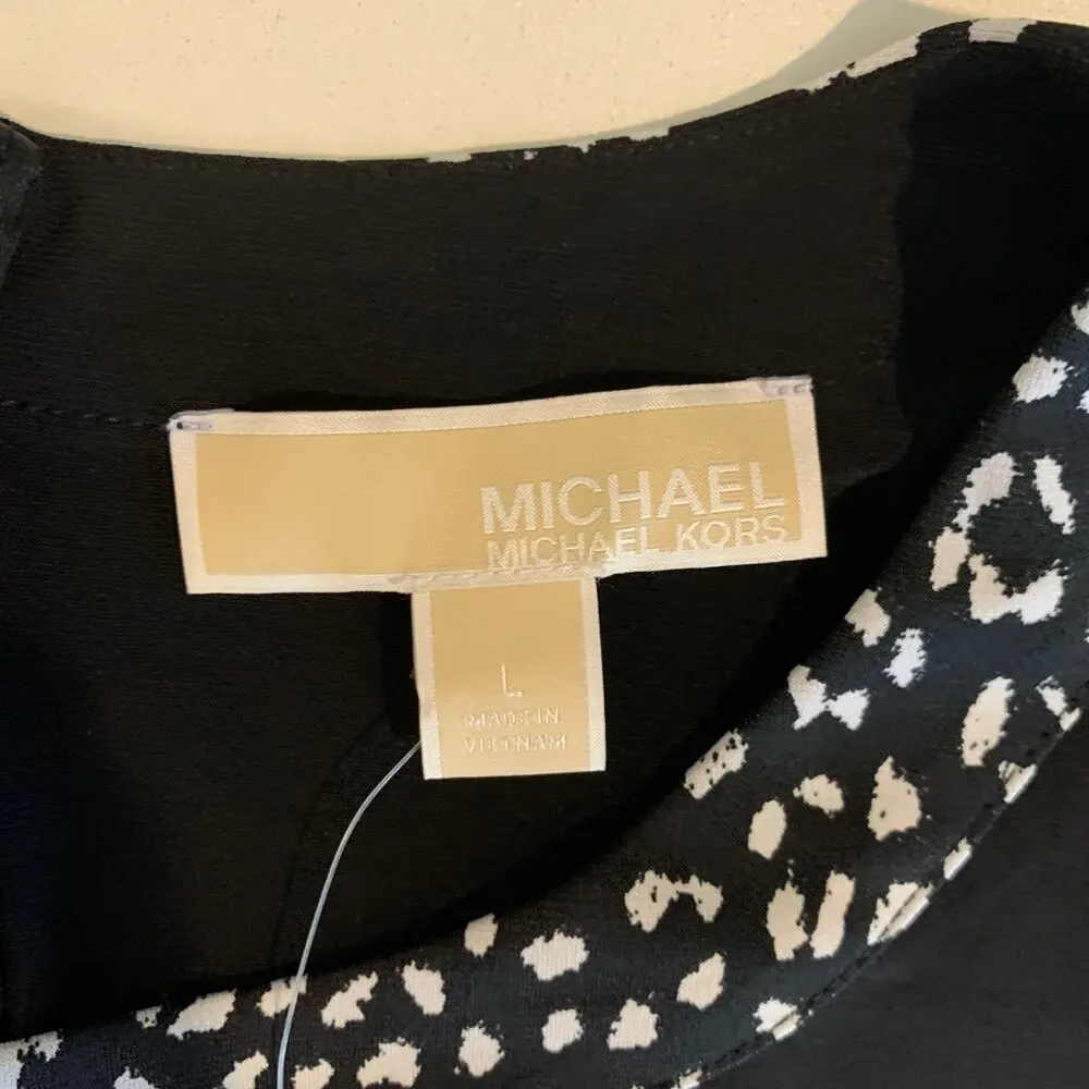 Michael Kors Dress Womens Large Black Jersey Animal Print Trim Crew Neck BackZip